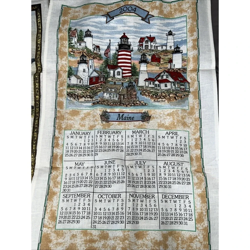 2-Vintage Kay Dee Designs 2003+2004 Linen Calendar Towel‎ Maine Lighthouse Beach